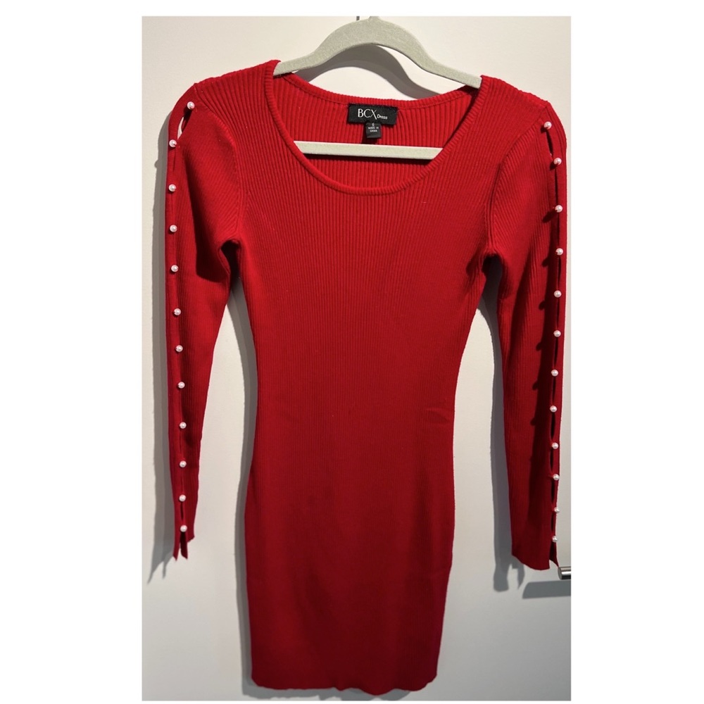 BCX Red Ribbed Sweater Dress w/Pearl Embellished Sleeves Size Small Rayon/Poly